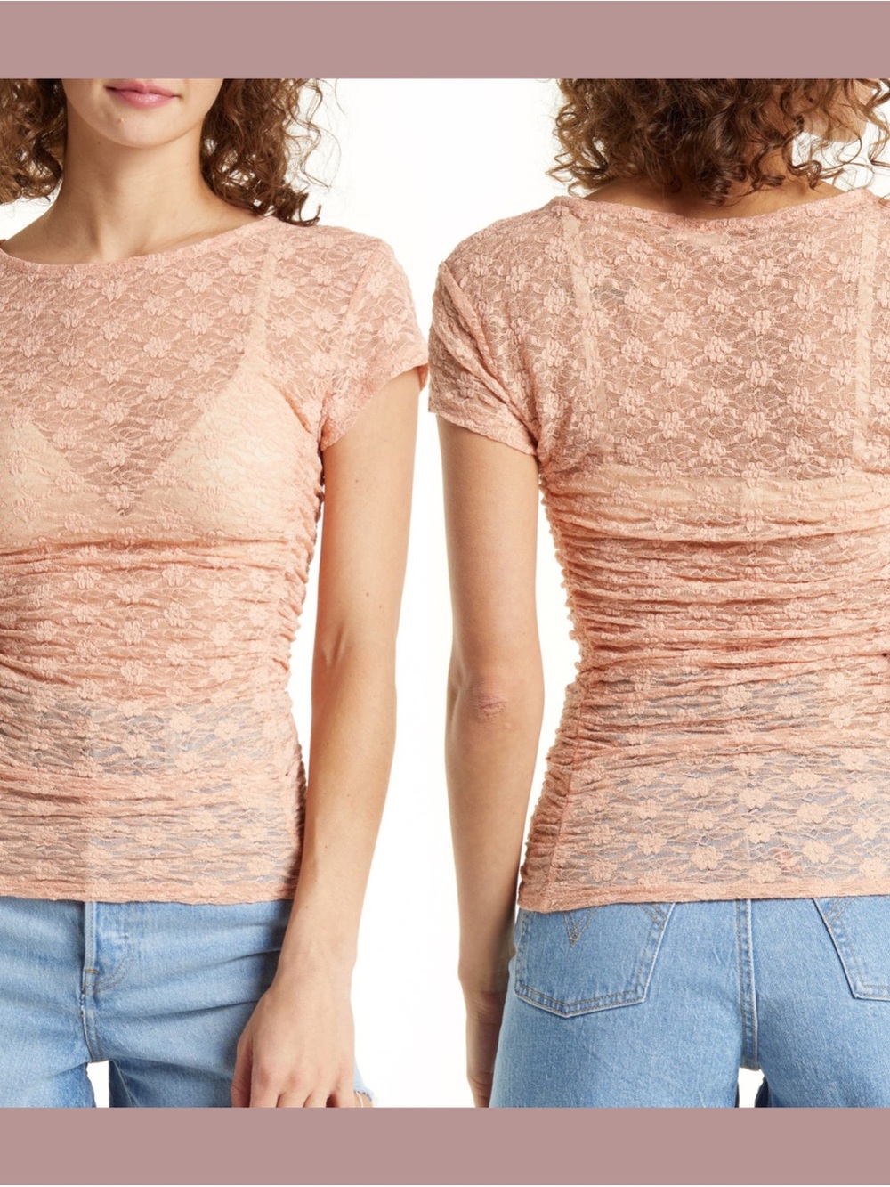 Free People Peach Lace Short Sleeve Camisole Top
